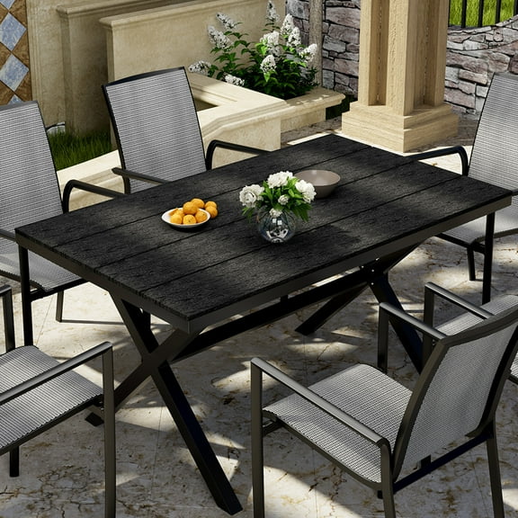 Mondawe Patio Dining Table 59" Black Rectangular Plastic Wood Outdoor Side Table w/ Imitation Wood Grain Pattern