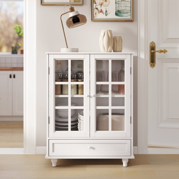 Leumius Minimalist White Buffet Cabinet with Double Glass Doors and Drawer, Modern Wooden Storage Sideboard Cupboard for Living room Dining Room Hallway Entryway