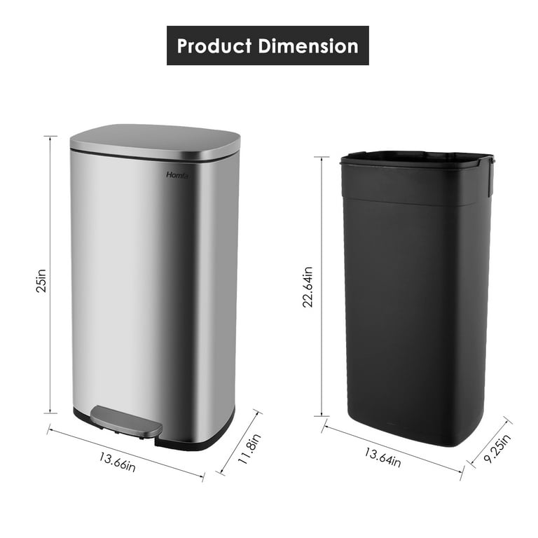 Kitchen Trash Can Brushed Stainless Steel 8 Gallon/30L Step Garbage Can Small & Tall Waste Basket with Lid & Plastic Inner Bucket Metal Pedal