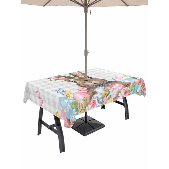 Outdoor Tablecloth with Umbrella Hole and Zipper, Bunny Easter Rectangle Table Cloth 60x102 Inch Waterproof Tablecloth, Pink Floral Eggs Farmhouse Checkered Picnic Table Cover for Patio Camping