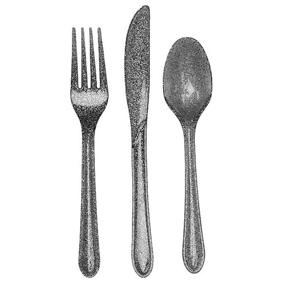 Creative Converting Heavy-Weight Plastic Glitz Silver Glitter Assorted Cutlery 24/Pack (019804)