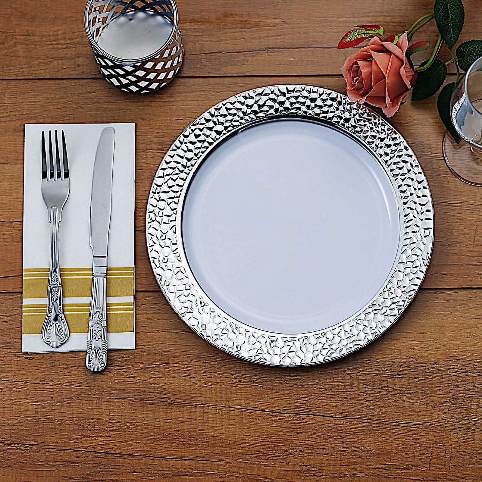 BalsaCircle 10 White 10" Round Plastic Salad Plates Silver Hammered Trim Disposable Tableware - image 3 of 6