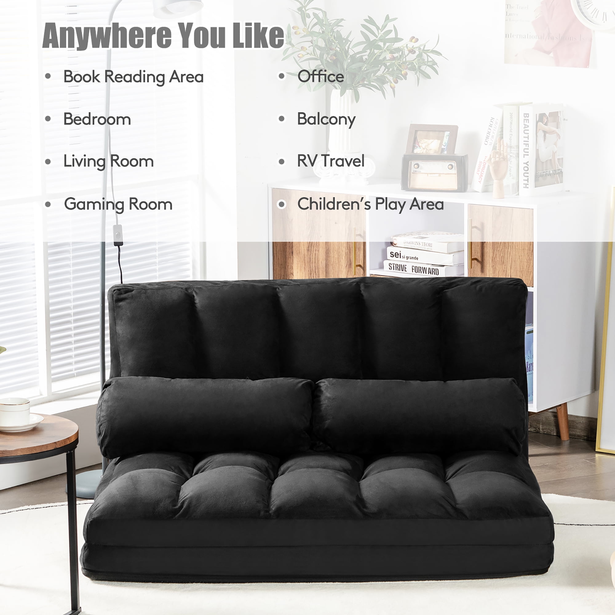 Costway Foldable Floor Sofa Bed 6-Position Adjustable Couch w/ 2 Pillows Black