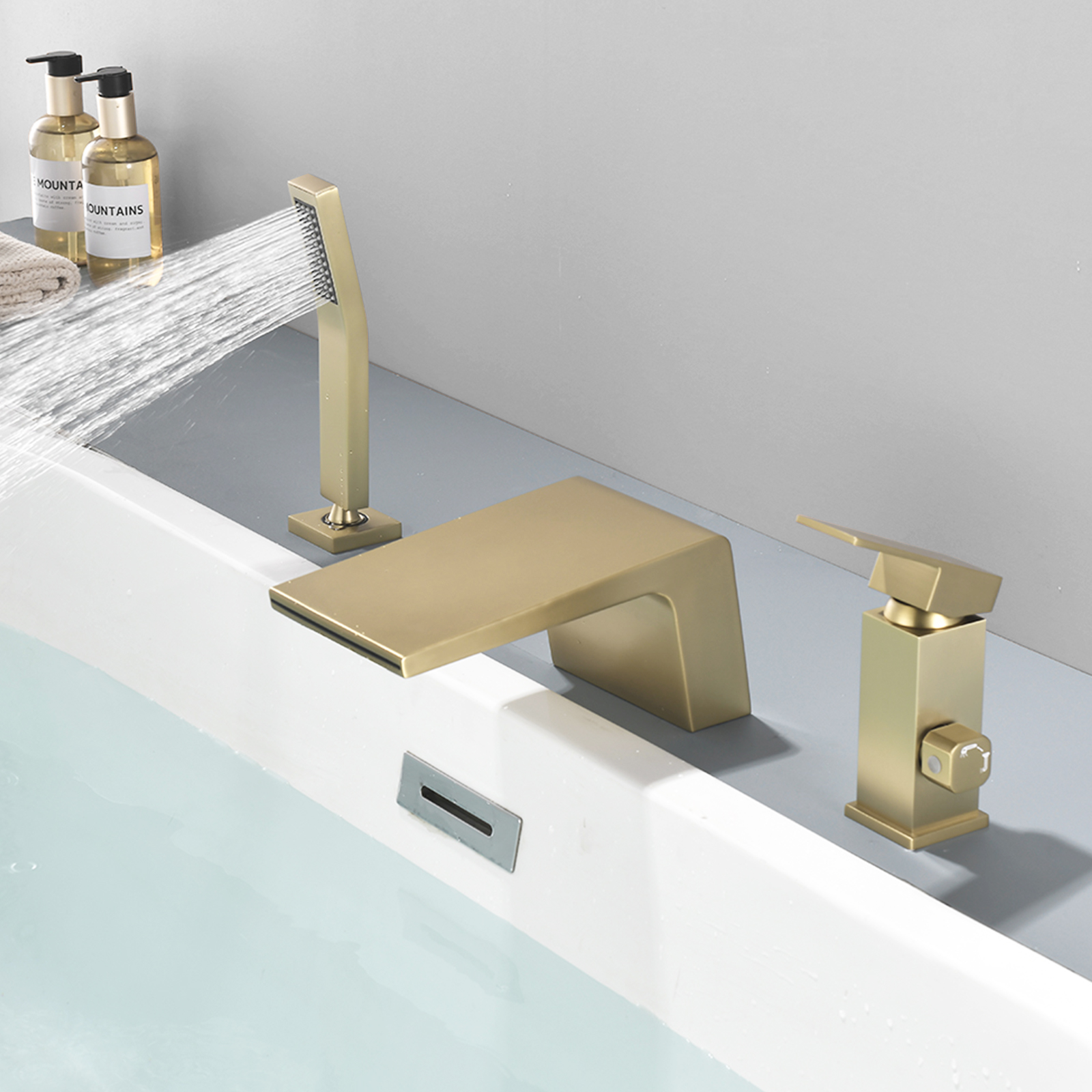 Cobbe Single Handle Bathroom Bathtub Faucet with 3.5-Inch Wide Waterfall Spout and Handheld Shower 3-Hole Deck Mount  Brushed Gold