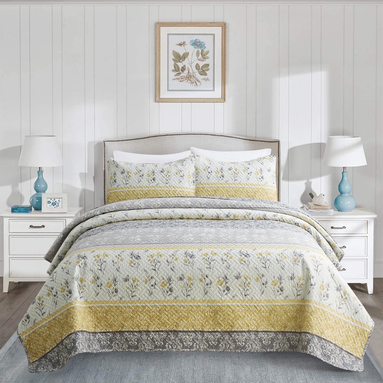 JML Quilt Set 3 Piece, Embossed Bedspread Bedding Set with 2 Shams, Queen, Grey & Yellow Floral