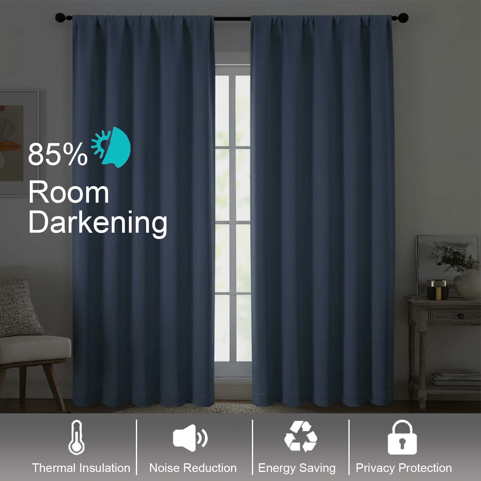 Patin Denim Blue Blackout Curtains 84 Inches Long 2 Panels, Room Darkening Rod Pocket Bedroom Curtains, Solid Thermal Insulated Drapes for Dining Room Living Room, Each Panel 40" W x 84" L