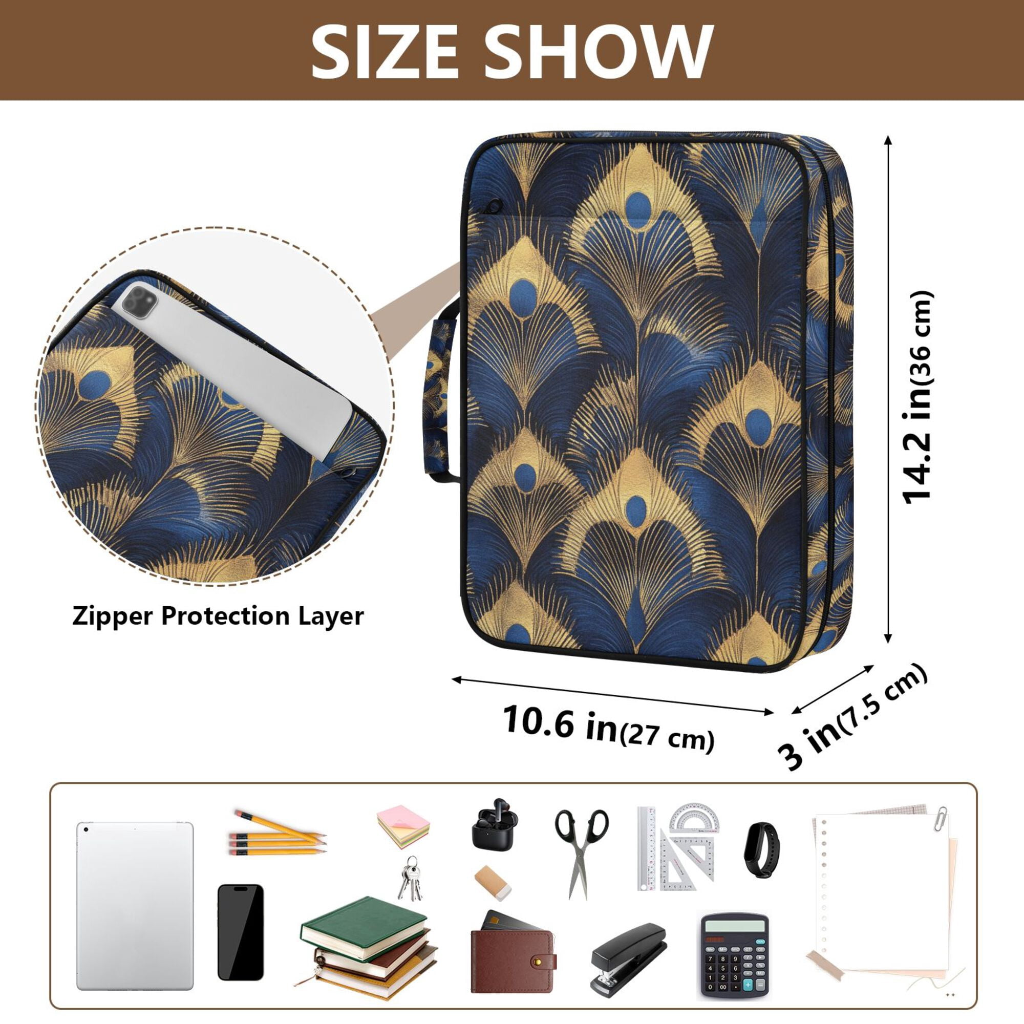 FORMRS Accordion File Folder A4 Size 7-Pocket Expanding Document Organizer Bag with 3 Ring Binder, Blue Peacock Feathers Pattern