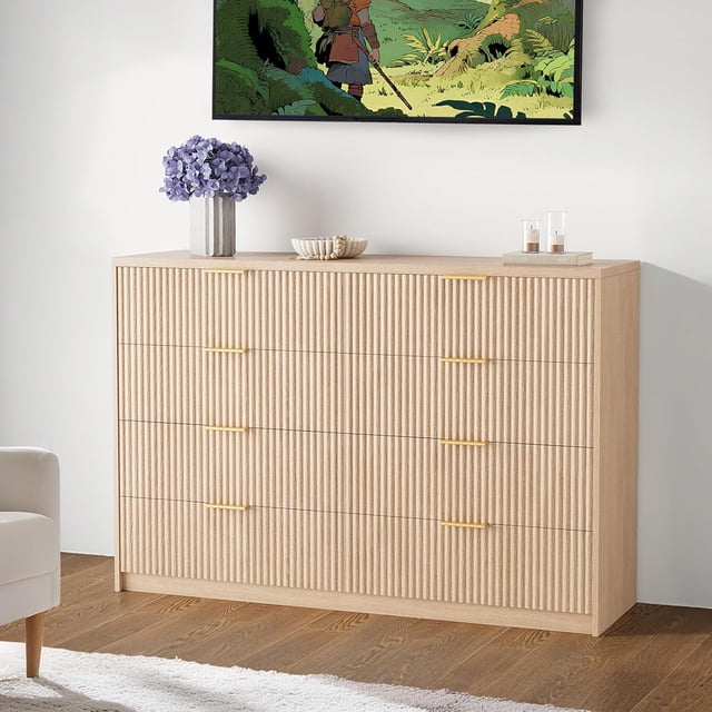 Commode Cannelée à 8 Tiroirs pour Chambre, Commode Moderne de 55 Pouces de Large avec Poignée en Métal, Meuble Télé en Bois Cannelé, Grande Commode Moderne pour Garde-Robe, Salon et Entrée, Blanc