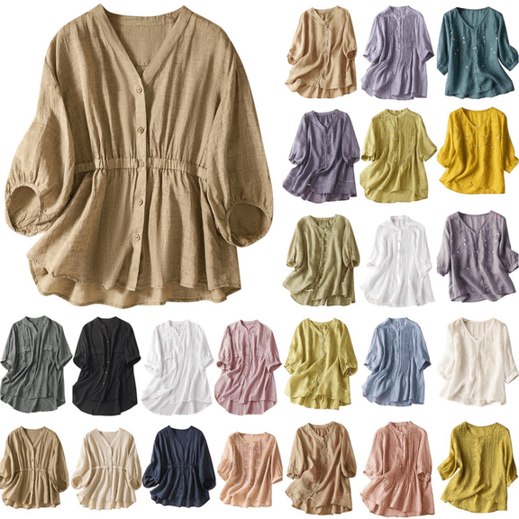 Dyegold Linen Tops For Women Summer Casual Half Sleeve Blouses Floral Print Loose Round Neck Shirts Plus Size Vintage Tunics