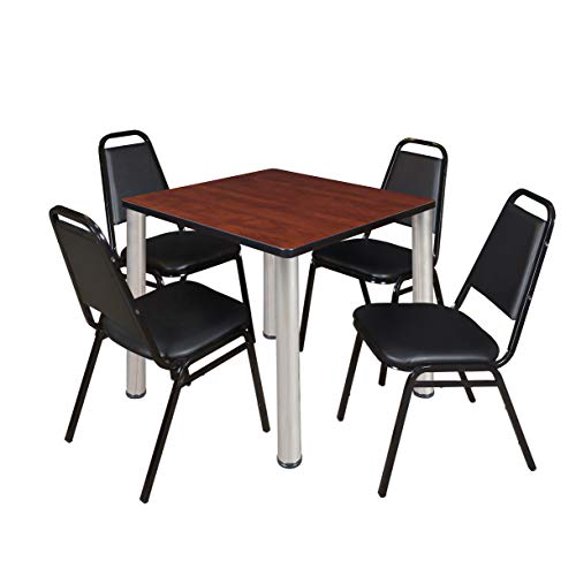 Kitt 30" Square Breakroom Table- Sangria/ Chrome & 4 Restaurant Stack Chairs- Black