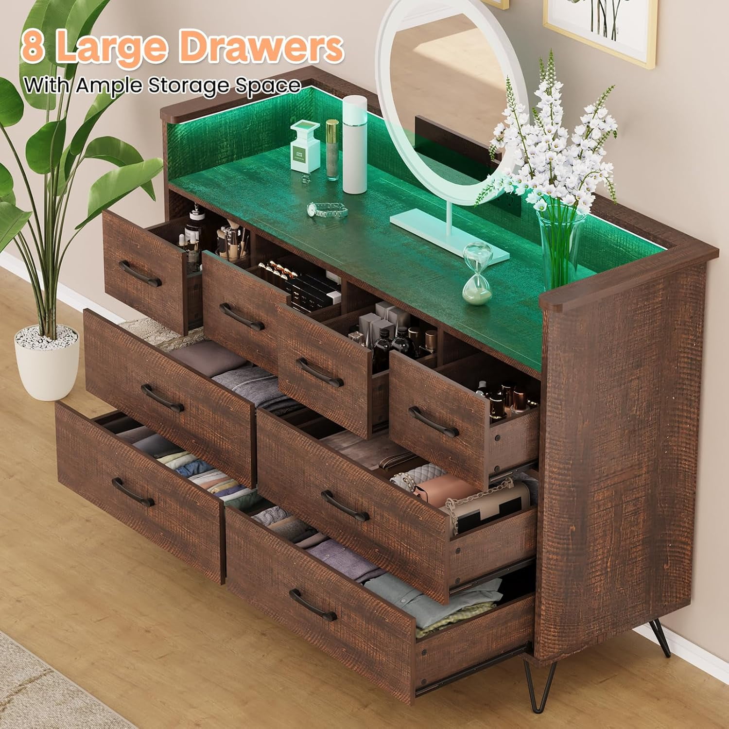8 Drawer Wood Dressers for Bedroom with Led Light and Power Outlet, Wooden Dressers with Open Shelves and Gold Handle for Adult and Kids Bedroom, 16.6" Wide Modern Chest of Drawers for Living Room