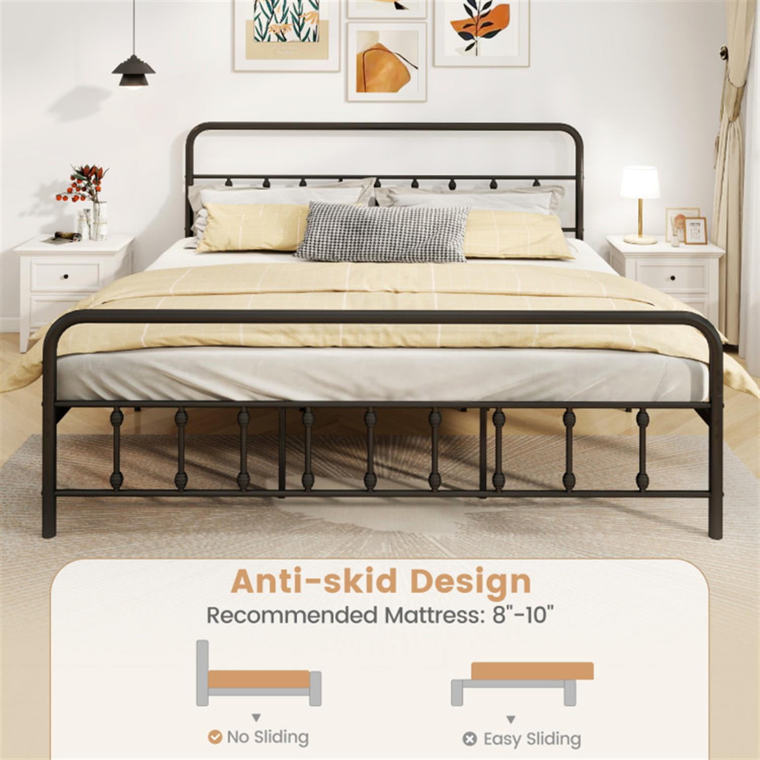 Demi Bonn King Size Bed Frame with Headboard, Metal Platform Bed Frame with Under Bed Storage, No Box Spring Needed, Black