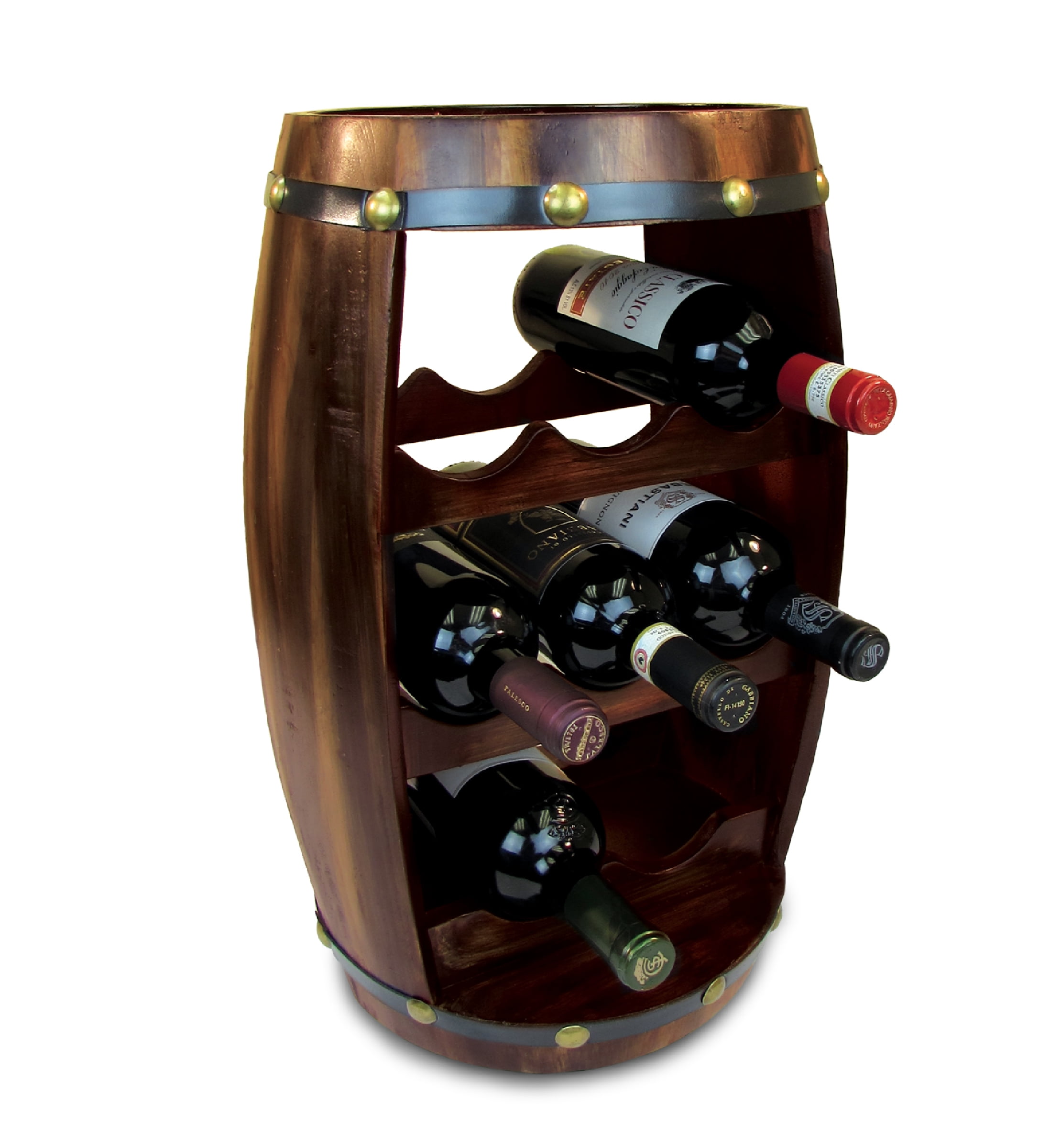 Wine Rack Barrel shaped for 7 Bottles Brown Stained Bar Stand Shelf 