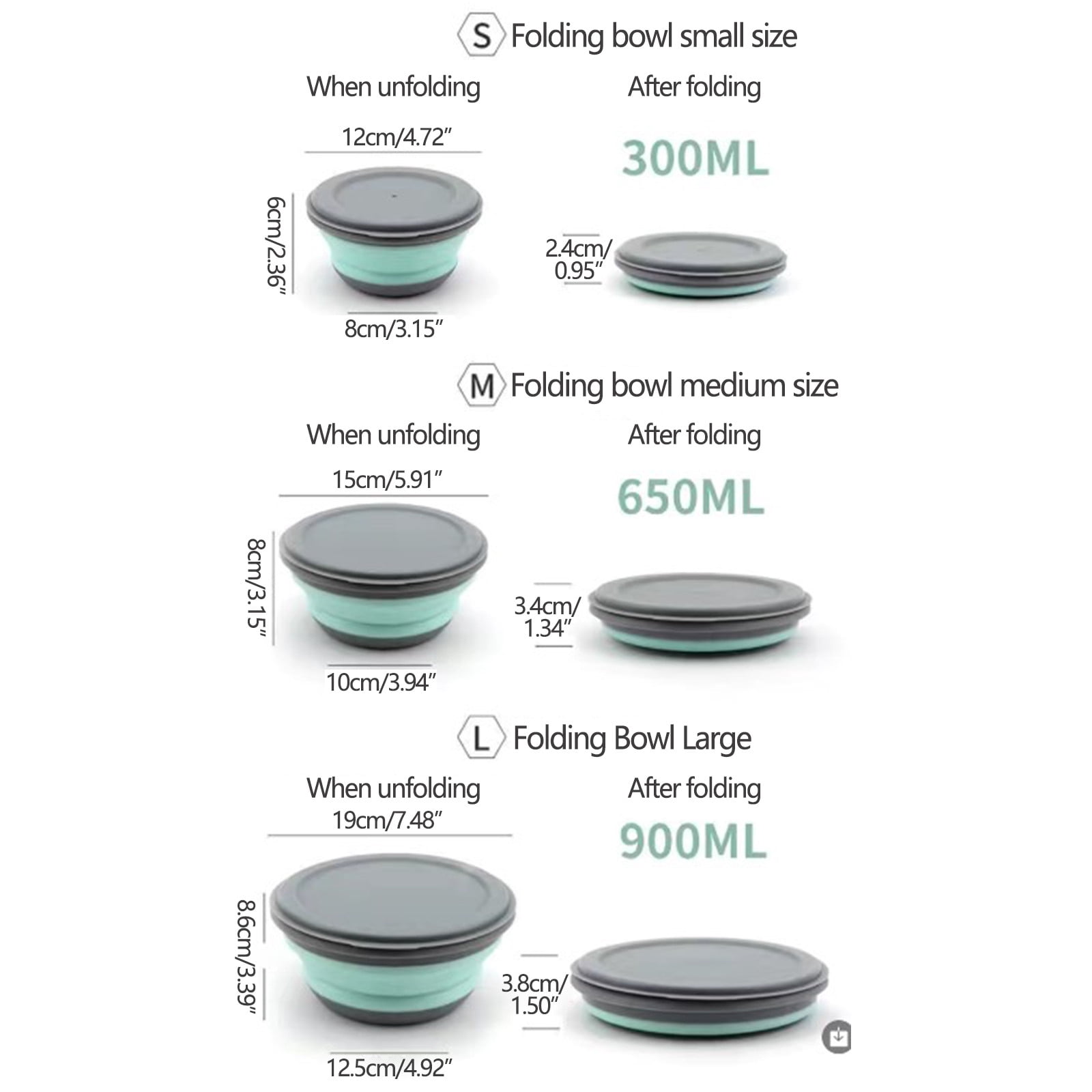 JingChun 3-Pack Collapsible Food Storage Containers with Airtight Leakproof Lids, Microwave, Freezer, Dishwasher Safe, Space-Saving Silicone Bowls for RV, Travel, Meal Prep and Home