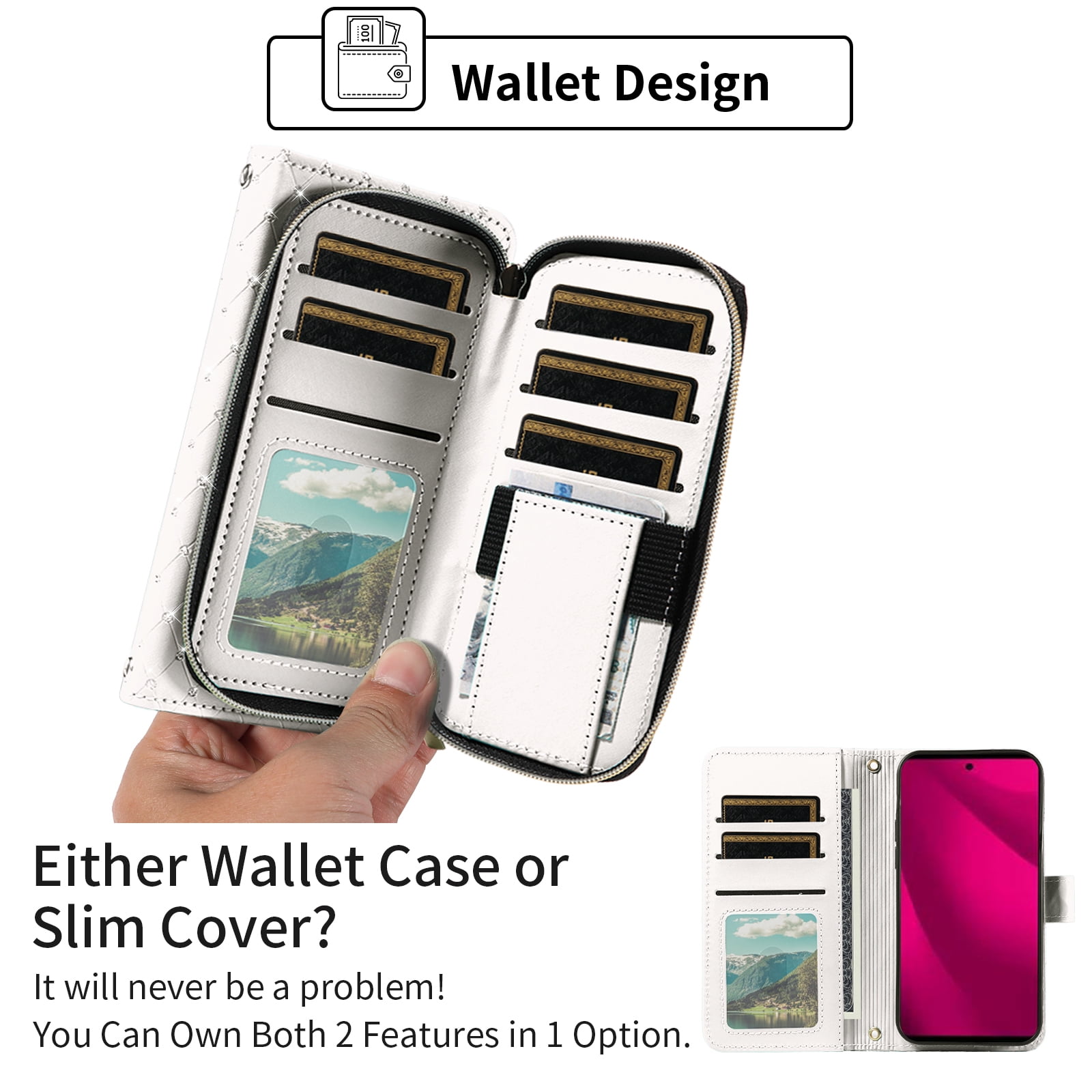 Asuwish Wallet Phone Case for T-Mobile Revvl 7 Pro 5G Tempered Glass Screen Protector Bling Glitter Crossbody Lanyard Strap Flip Zipper Purse Card Holder Cell Cover T Mobile Revel7pro Women Men White
