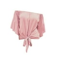 thumbnail image 4 of TODOZO Strapless Tops for Women Beach Vacation T Shirts Fashion Outfits Summer Tops for Women 2025 Off The Shoulder Tops Women Summer 3/4 Bell Sleeve Tie Knot Boho Shirt Blouses Pink Xl, 4 of 4