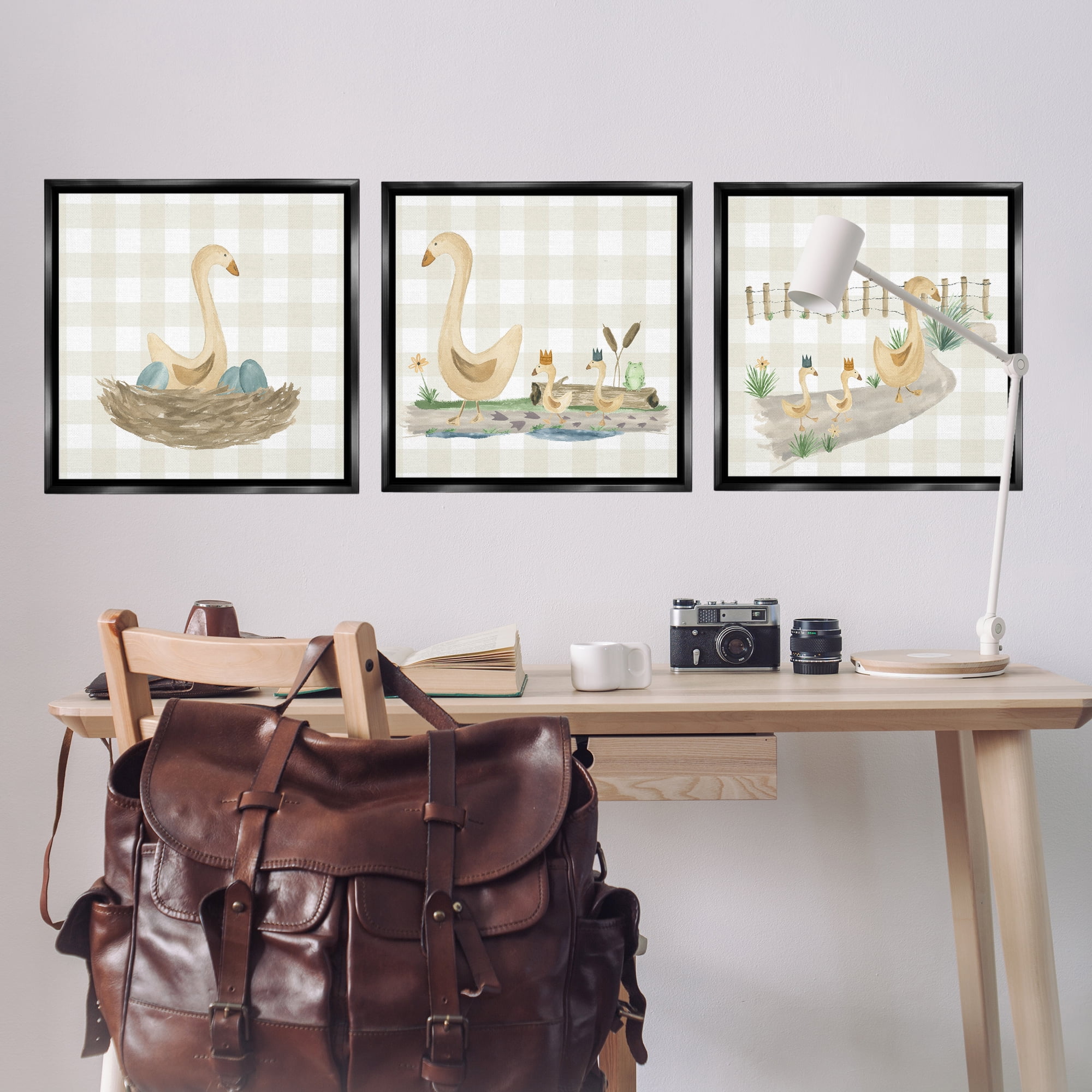 Stupell Industries Mama Goose & Ducklings Animals Painting Black Floater Framed Canvas Art Print Wall Art, 25 x 25, Set of 3