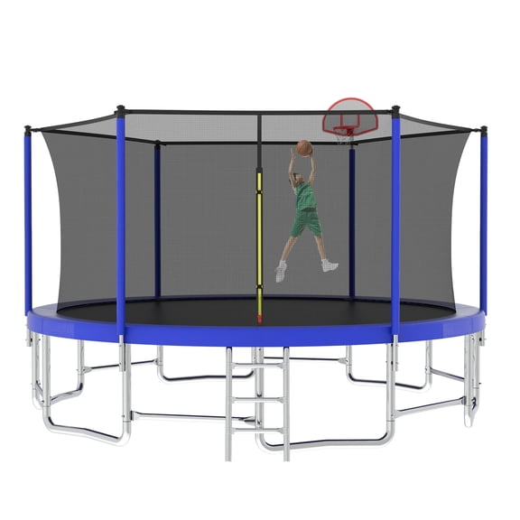 Leumius 16FT Trampoline with Basketball Hoop,Heavy-Duty Outdoor Trampoline with Enclosure Net,Upgraded Kids Recreational Trampoline for Kids and Adults,Blue