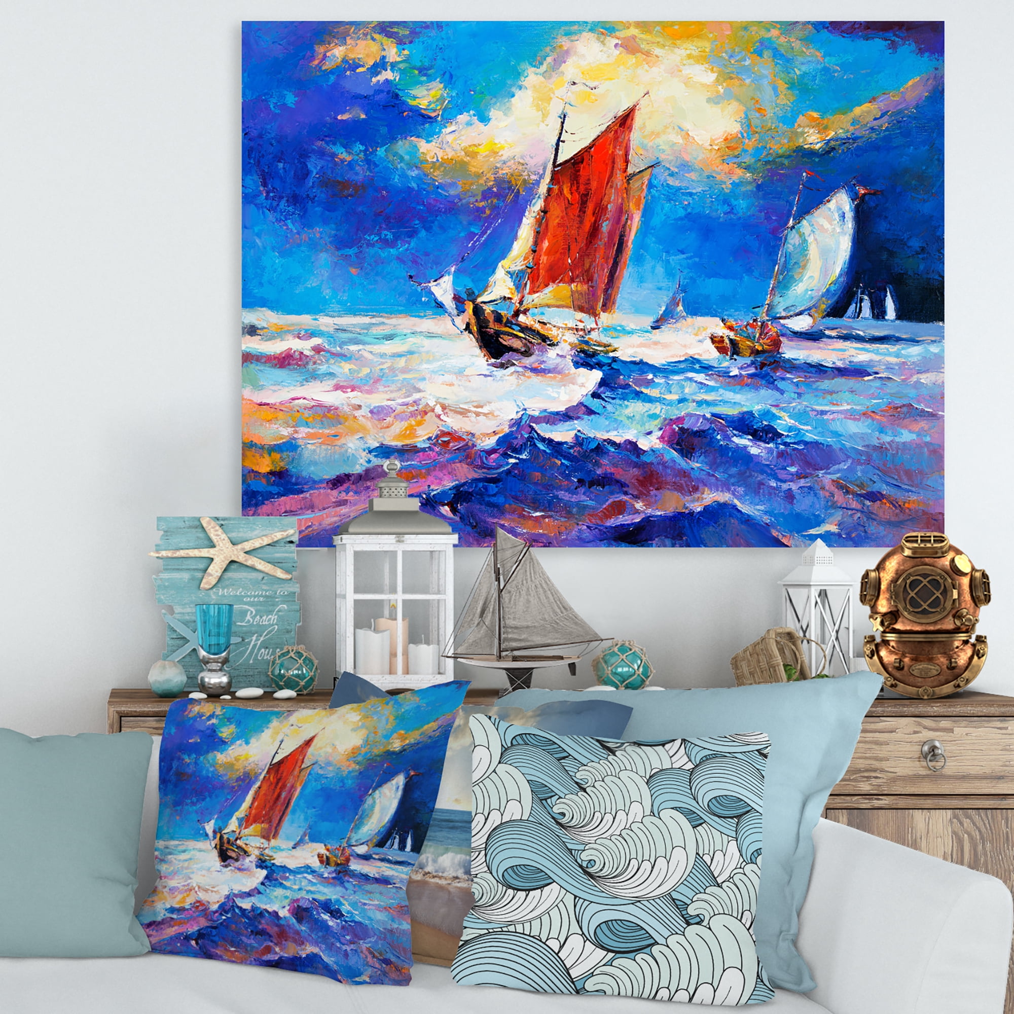 Designart ' Sailships On The Ocean Waves During Evening ' Nautical & Coastal Canvas Wall Art Print