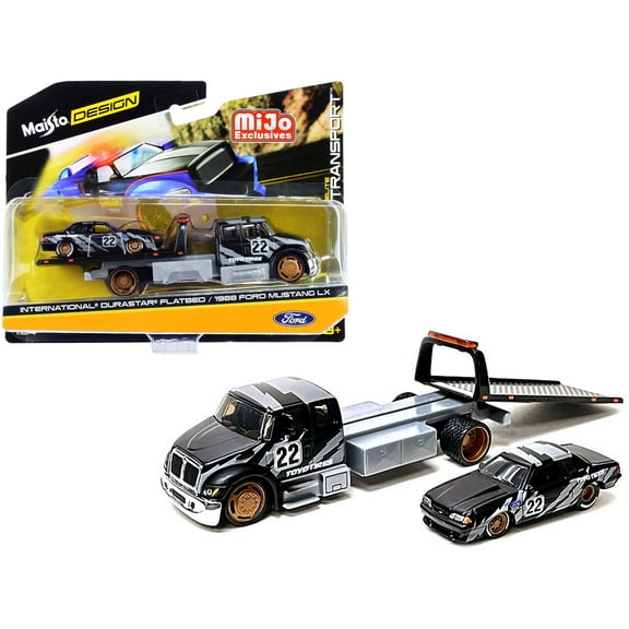 International DuraStar Flatbed Truck #22 and 1988 Ford Mustang LX #22 Matt Black w/Gray Graphics 1/64 Diecast Models by Maisto