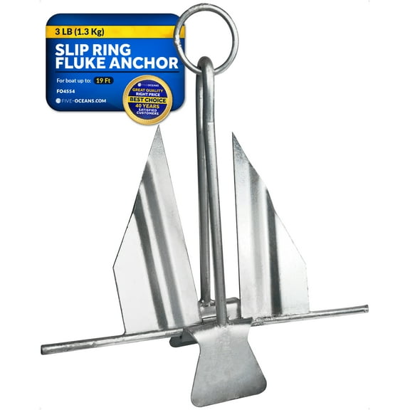 Five Oceans Boat Anchor - Fluke Anchor, 3 Lb, Galvanized Steel Slip Ring Boat Anchor, Boat Anchors, Small Boat Anchor for Kayak, Dinghies Personal Watercraft Paddleboards Canoes Small Boats - FO4554
