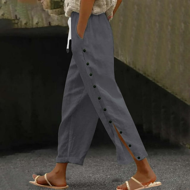 Soki Linen Pants Women Summer Casual Side Button Drawstring Pants Lightweight Boho Beach Pants Comfy Work Pants