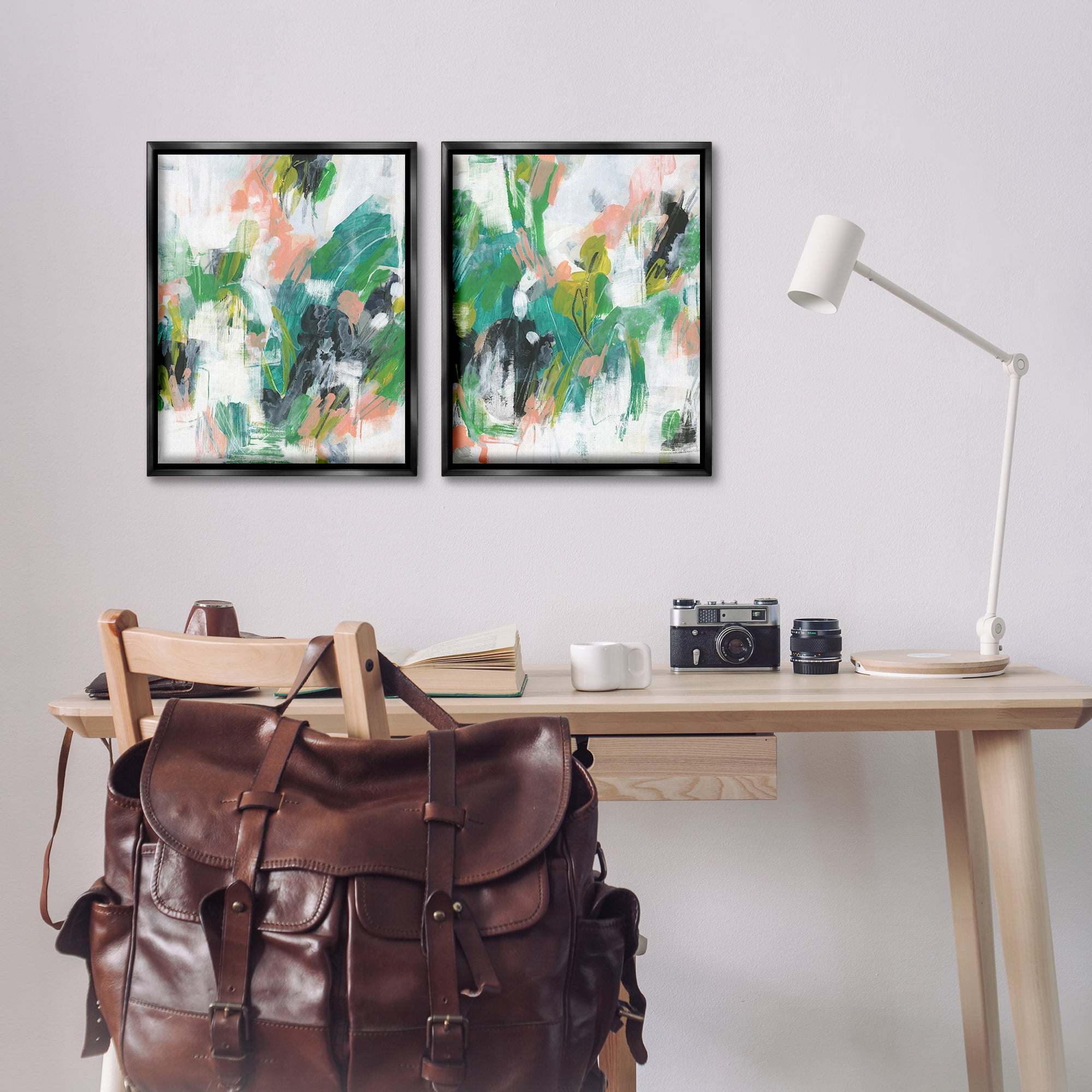 Stupell Industries Green Abstract Layers Abstract Painting Black Floater Framed Canvas Art Print Wall Art, 17 x 21, Set of 2