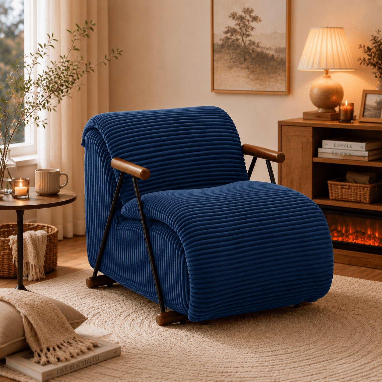 MOONMISS Corduroy Accent Chair, Upholstered Lounge Armchair with Solid Wood Armrests & Minimalist Metal Frame for Living Room, Bedroom,Navy Blue