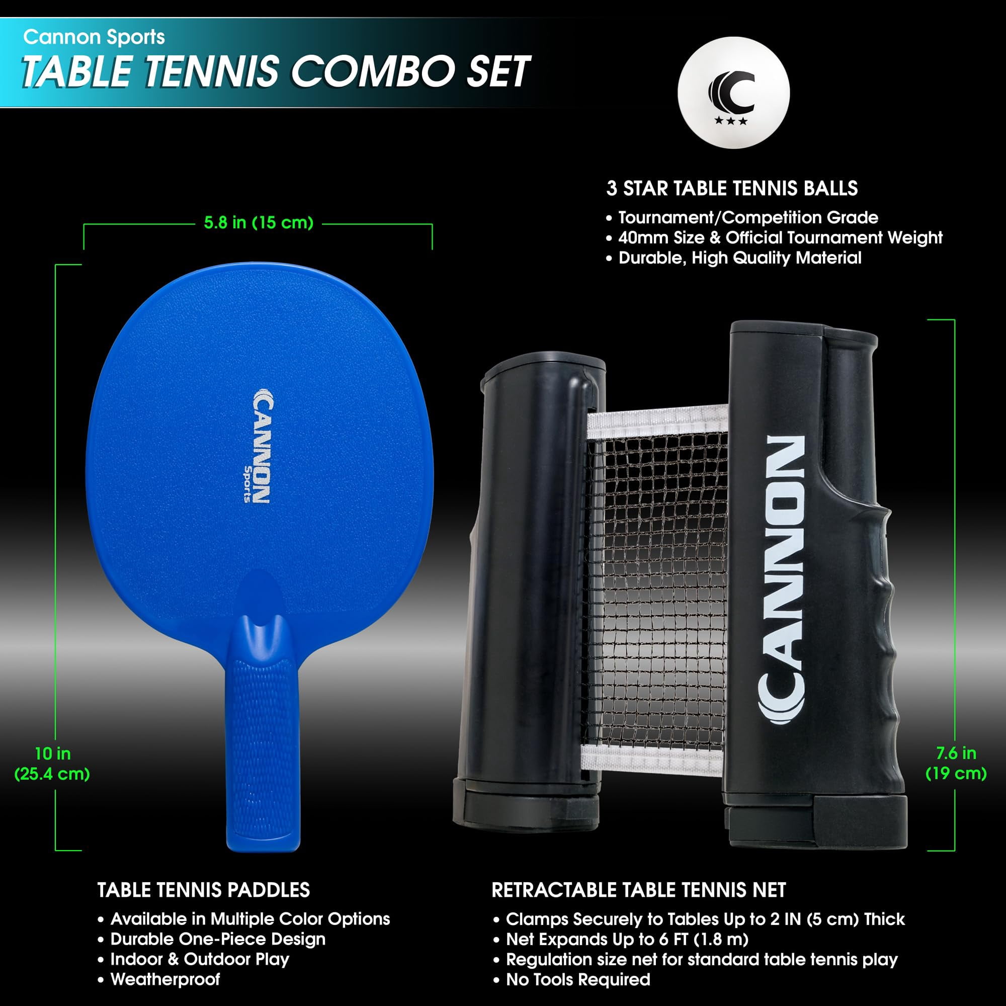Cannon Sports Table Tennis Set – 2 Unbreakable Paddles, 6 3-Star Balls, Retractable Net & Carry Bag – Clamp-On Portable Ping Pong Net Fits Tables up to 2 Inch Thick, Extends to 6 Feet (Blue)