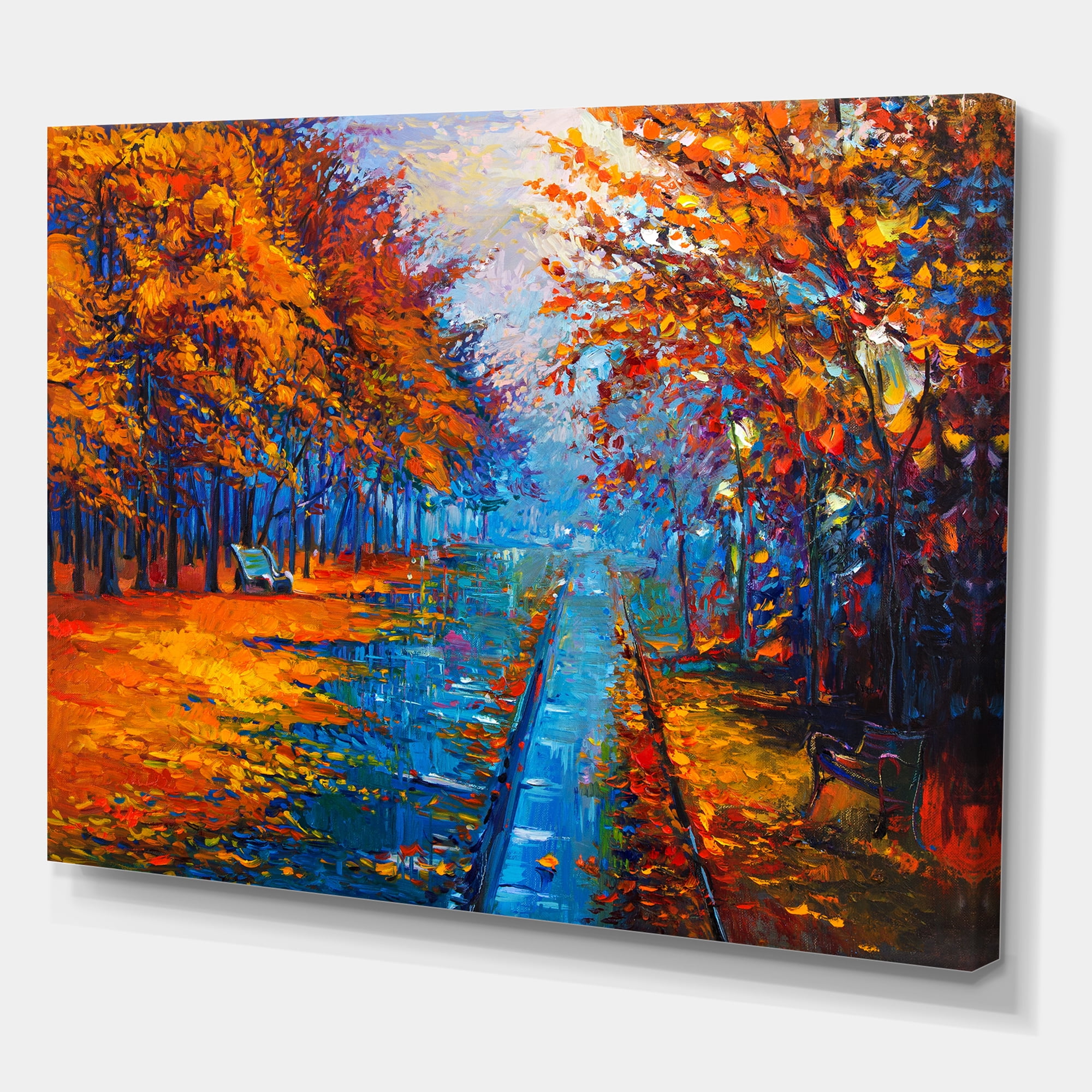 Orange Autumn Landscape With Little Road II 8 in x 12 in Painting Canvas Art Print, by Designart