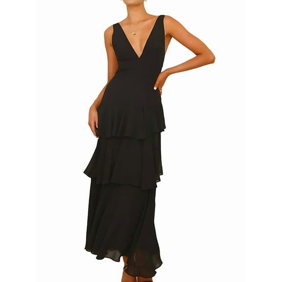 Tiered Chiffon Bridesmaid Dresses for Women Ruffle Formal Evening Dresses Long with Pleated Black XL