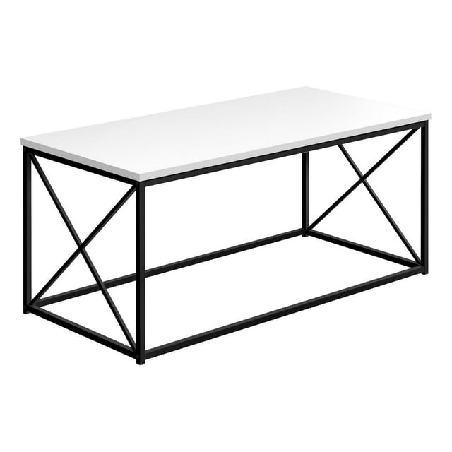 Contemporary rectangular coffee table with white laminate surface and black metal frame with X-shaped accents, measuring 40 inches long.