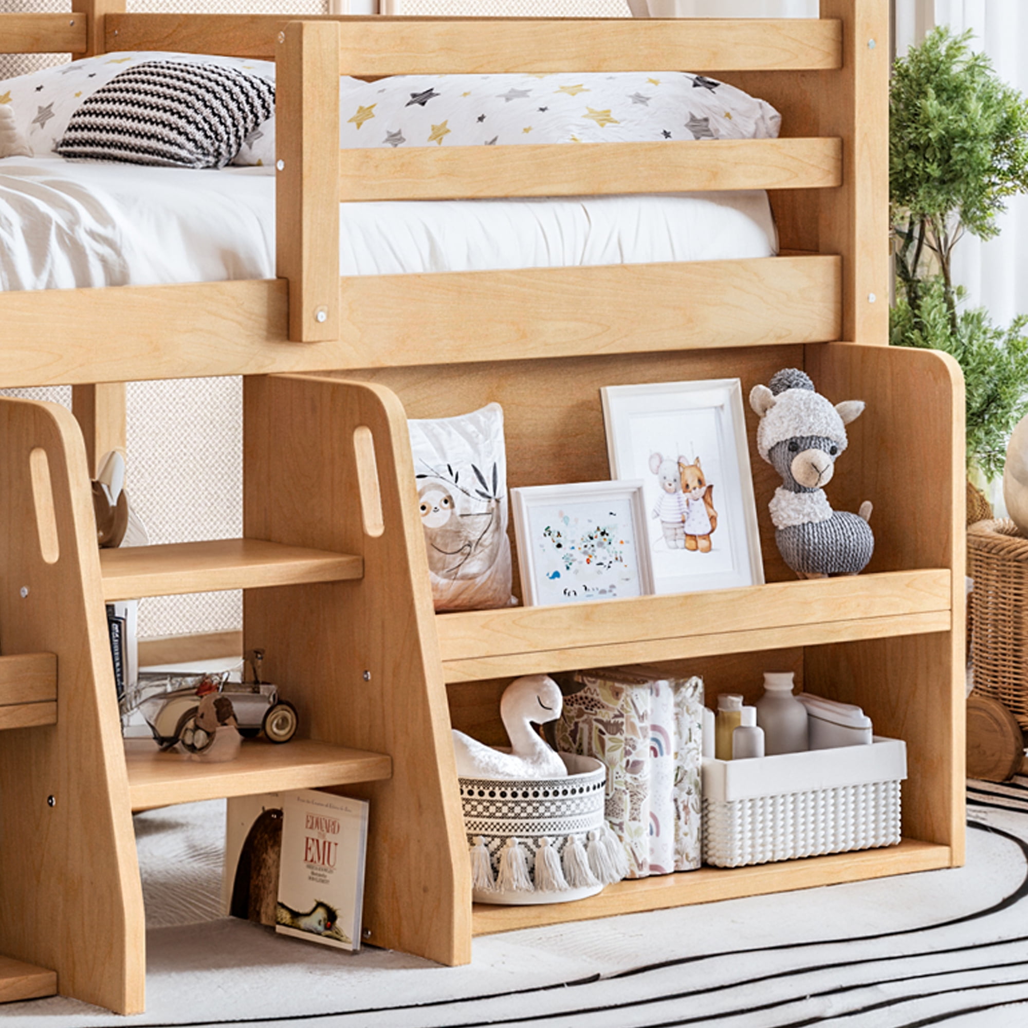 Leumius Full Size Loft Bed with Storage Shelves and Stairs, House Loft Bed with Playhouse Shape Roof and Window, Childlike and No Box Spring Needed Design, Natural