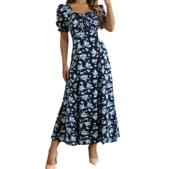 ASEIDFNSA Women Floral A Line Dress Square Neck Puff Sleeve Smocked Summer Midi Dress