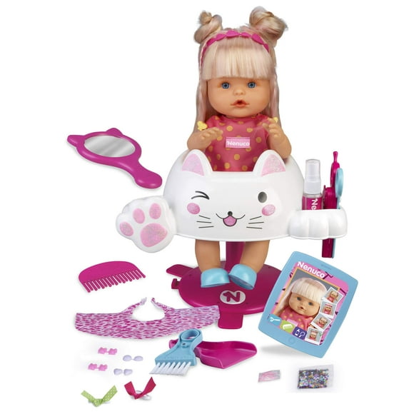 Nenuco Glitter Hairdresser Baby Doll with Hairdresser Set, Hair Accessories, Magic Scissors, 14\ Doll"