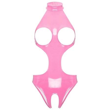 Sxiwei Womens Wetlook Patent Leather Bodysuit Sleepwear PVC Leotard Open Bust Crotchless Jumpsuit Pink L