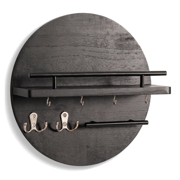 Wall Key Holder with Shelf and Hooks - Circular Design Entryway Mail Organizer, Rustic Black Key Rack Hanger for Home Office and Hallway
