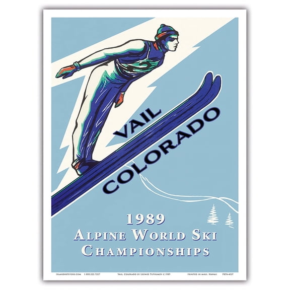 Vail Colorado USA - 1989 Alpine World Ski Championships - Ski Jump - Vintage Travel Poster by Leonid Tutrumov c.1989 - Master Art Print (Unframed) 9in x 12in