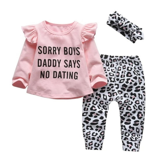 Infant Baby Girls Clothes Long Sleeve Letter Tops Leopard Print Pants and Headband Outfit Set(6-9 Months,Pink)