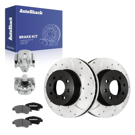 AutoShack Front Vented Drilled & Slotted E-Coated Brake Rotors   Ceramic Pads   Calipers 8-PC Brake Kit Replacement for 2003-2005 Honda Civic ShadowGuard 10.3" (261.5 mm)