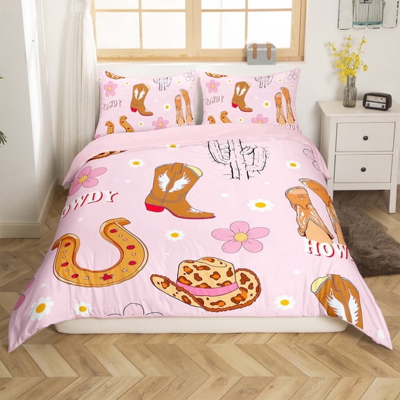 Erosebridal Western Cowgirl Comforter Cover Twin,Horseshoe Boots Bedding Twin Size,Kawaii Flower Duvet Cover Twin,Breathable Floral Room Decoration,Reversible,2-Piece(No Comforter)
