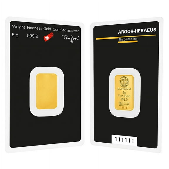 5 Gram Argor Heraeus Gold Bar .9999 Fine (in Assay)