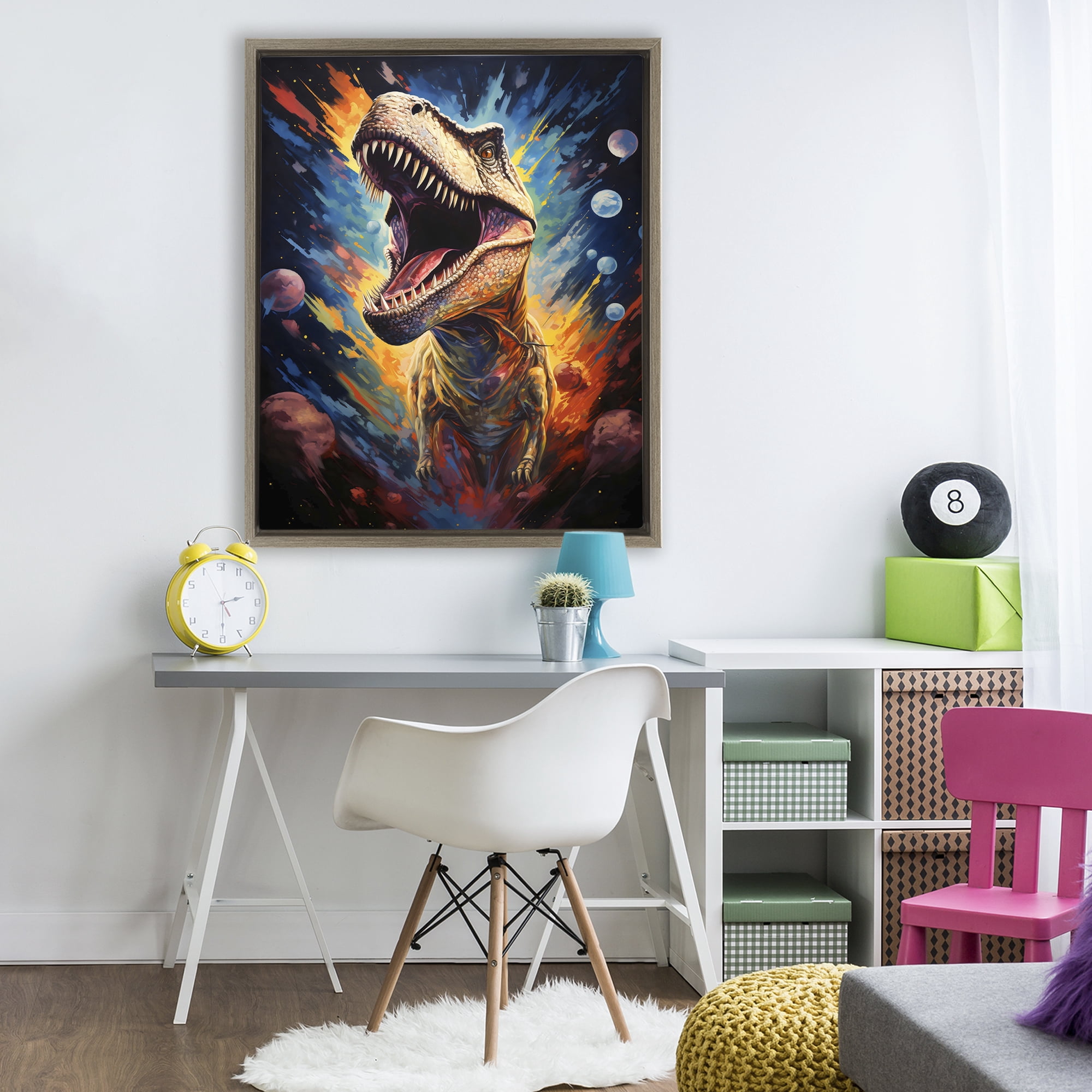 Stupell Industries Dinosaur with Planets Brown Framed Floater Canvas Wall Art, design by Creative Studio
