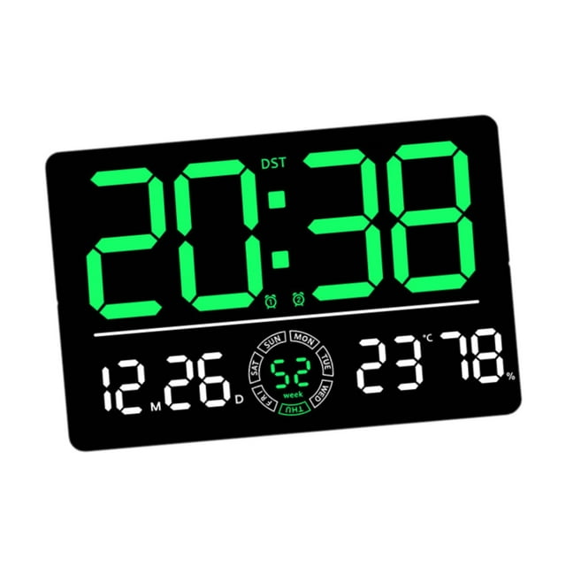 Reloj de pared digital con alarma dual, visualización de mes, día y semana, pantalla grande, temperatura Verde