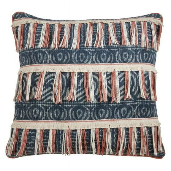 Saro Lifestyle 3165.BL22SP 22 in. Block Print Embroidered Fringed Poly Filled Pillow, Blue