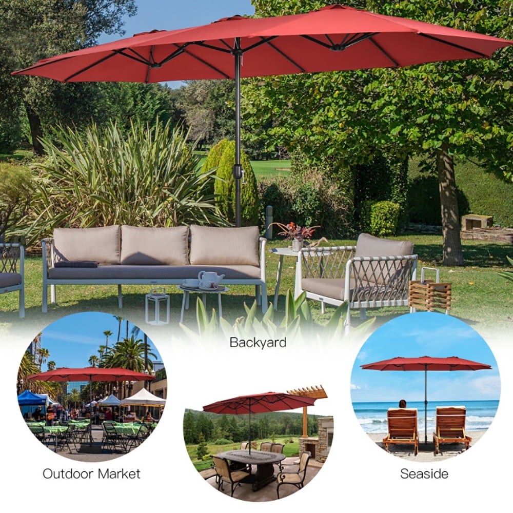 Aimee Lii 15 Feet Double-Sided Twin Patio Umbrella with Crank and Base, Sunbrella Patio Umbrellas, Red Aimee Lii 15 Feet Double-Sided Twin Patio Umbrella with Crank and Base, Sunbrella Patio Umbrellas, Red