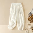 thumbnail image 2 of FRSASU Womens Ramie Cropped Pants Solid Color Double Layer Loose Fit Wide Leg Casual Elastic Waist Trousers White XL(XL), 2 of 9