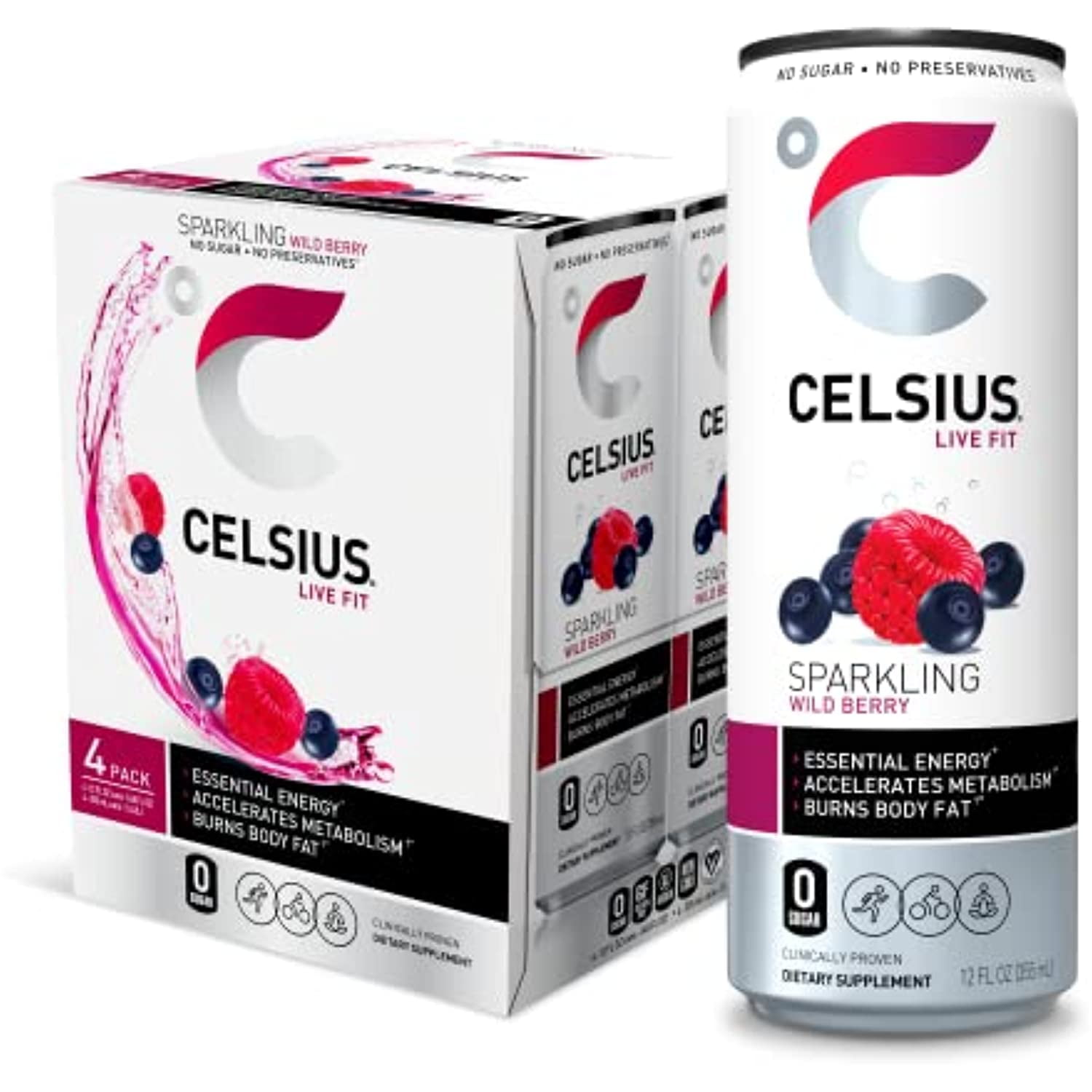 Celsius Essential Energy Drink 12 Fl Oz, Sparkling Wild Berry (Pack Of