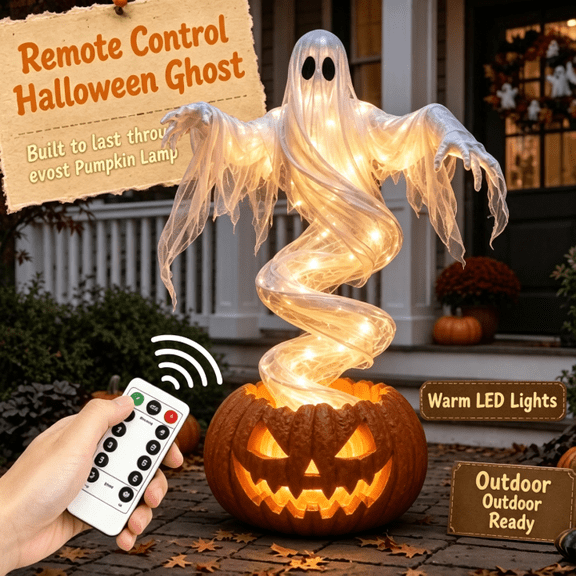 Halloween Swirling Ghost&Pumpkin Garden Decoration Outdoor, Large Light Up Pumpkin&Ghost with Remote Control for Patio, Walkway and Outdoor Halloween Display