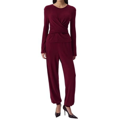 Casual Workout Two Piece Outfits Long Sleeve High Waist -Pleated Flared Wide-Leg Pants Red Pantsuit L Casual Workout Two Piece Outfits Long Sleeve High Waist -Pleated Flared Wide-Leg Pants Red Pantsuit L
